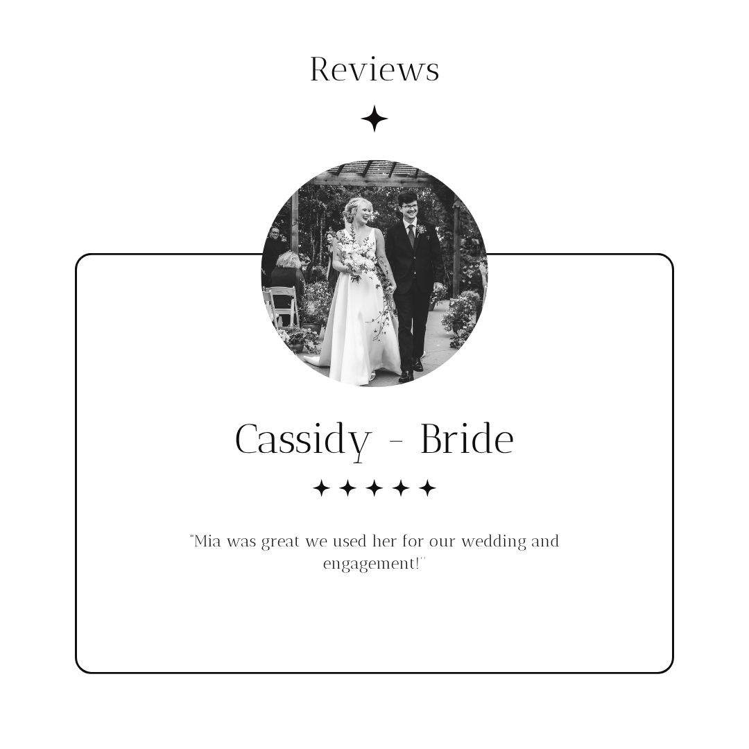 A wedding review card featuring a black-and-white photo of a bride and groom walking outdoors. The card is titled "Reviews" with the recipient named Cassidy, the bride. A quote from the reviewer, Mia, is included, praising the use of the bride for their wedding and engagement.