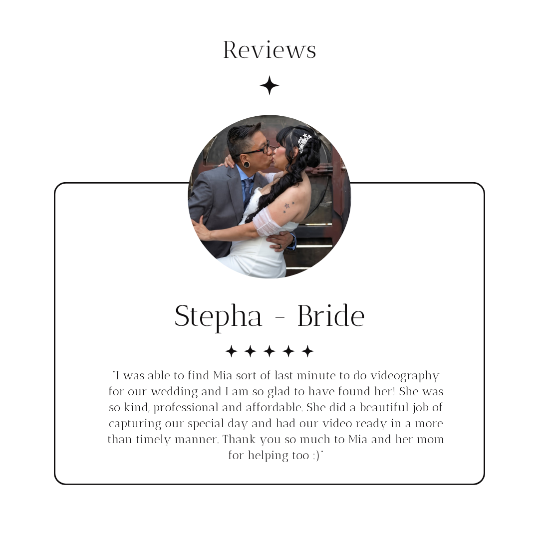A wedding review card featuring a photo of a bride and groom kissing, the name 'Stepha - Bride,' and a positive review.