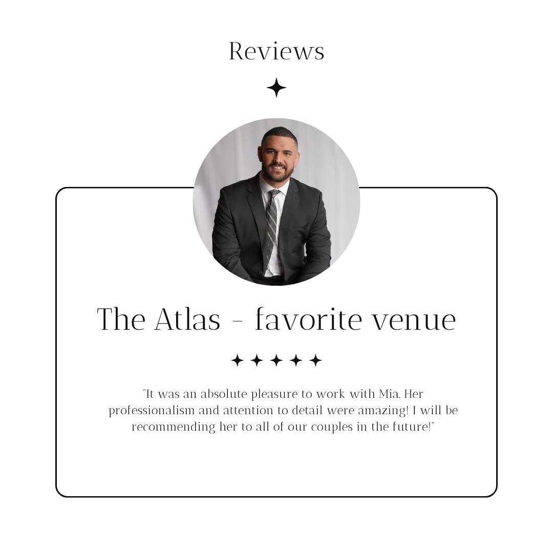 Review card featuring a smiling man in a suit and tie, with a round profile picture at the top, the title 'The Atlas - favorite venue', and a five-star rating along with a customer testimonial.