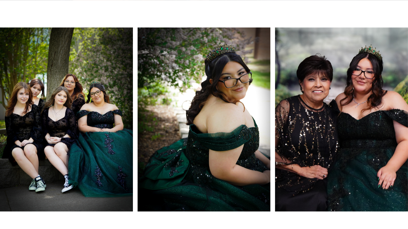 Triptych of women at a garden with pink blossoms; young woman with glasses in a green dress in the center, older woman with short dark hair and the young woman with glasses in a black, sparkly dress on the right.