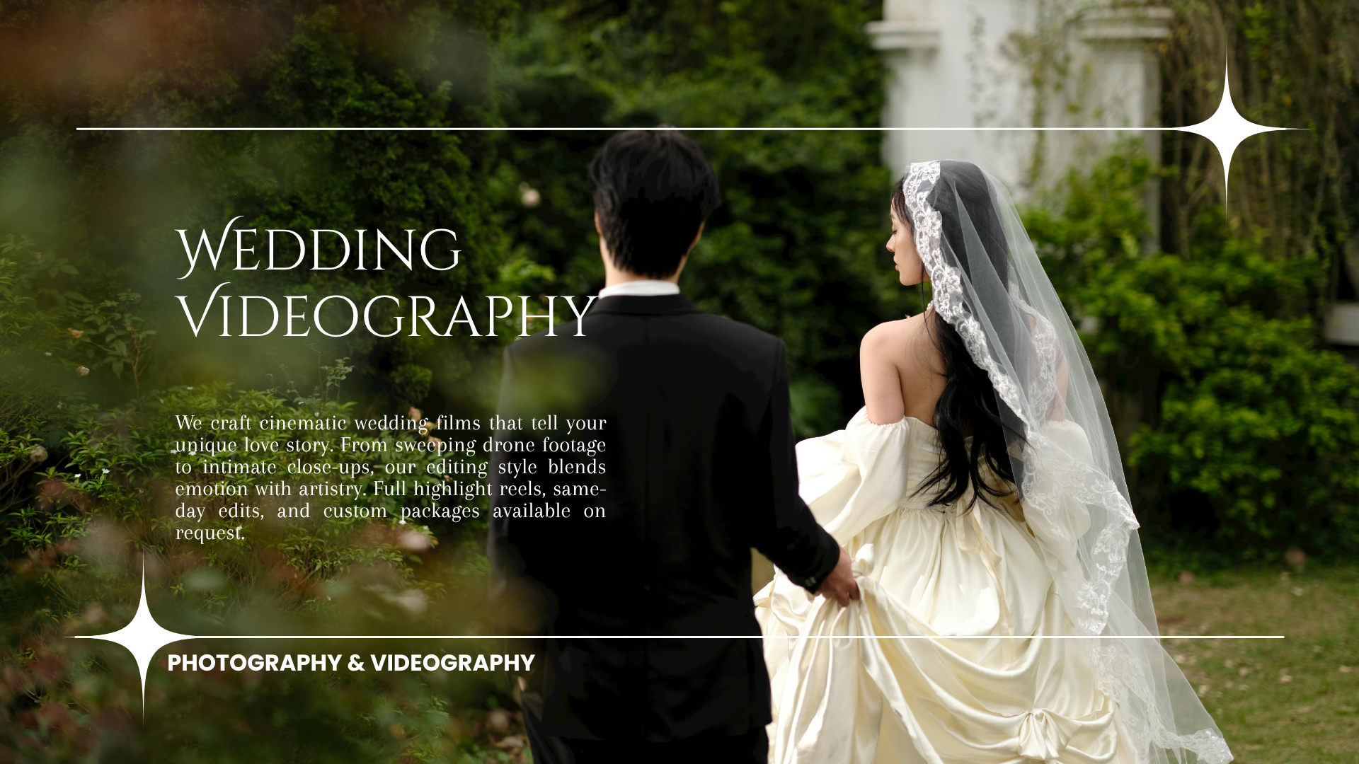 A bride and groom holding hands during a wedding photoshoot outdoors with green trees and bushes in the background.