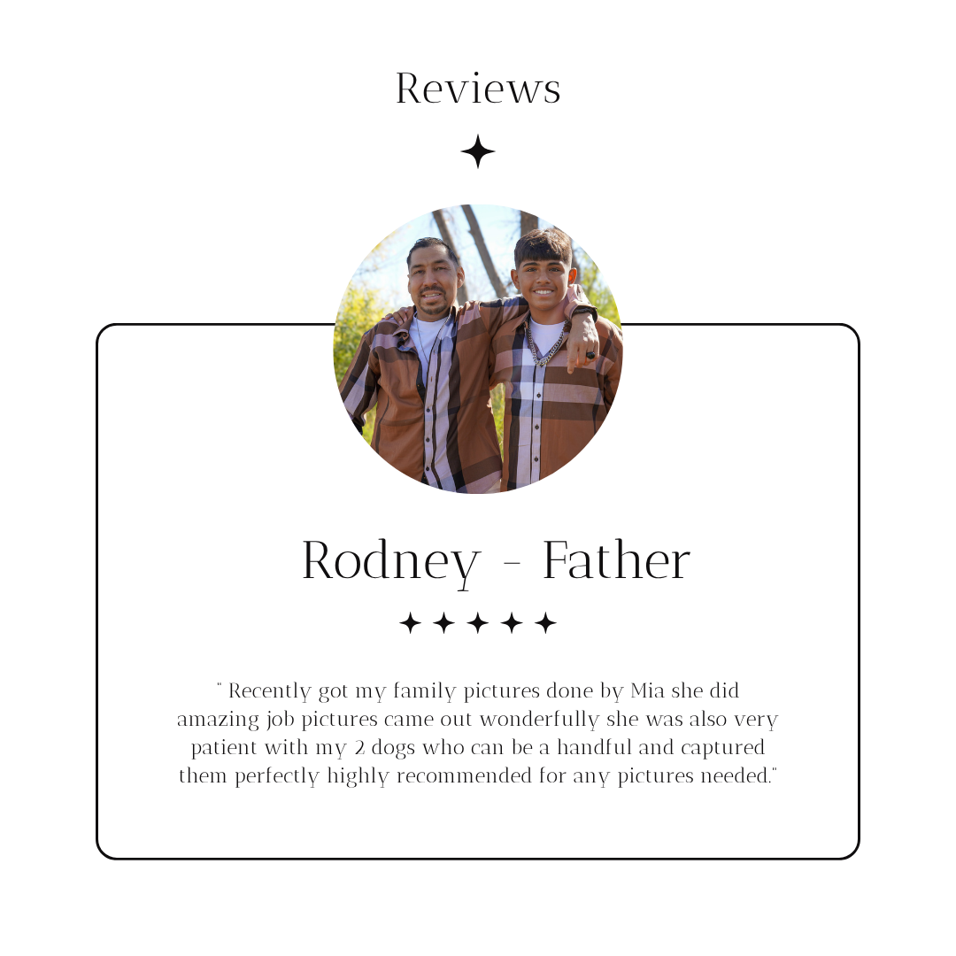 Testimonial card with a photo of a man and a boy smiling outdoors, labeled 'Reviews,' with the name Rodney - Father, and a review about photography services.