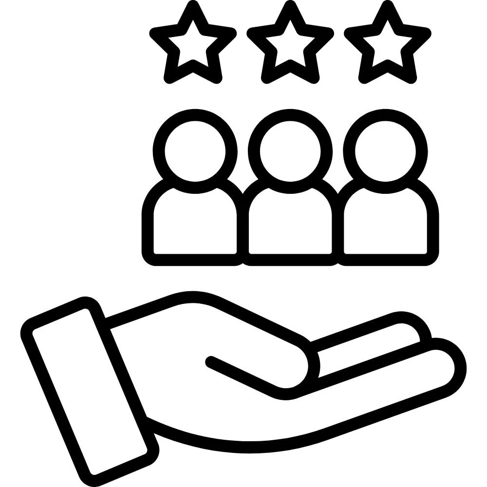 A hand holding up happy clients