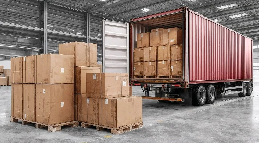 A truck dropping off a truck load of boxes of supplement products
