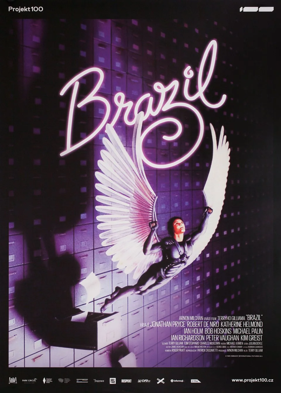 A neon-lit flyer for the film 'Brazil' features a woman with angel wings flying upward against a background of filing cabinets, with the title 'Brazil' in large neon cursive at the top.