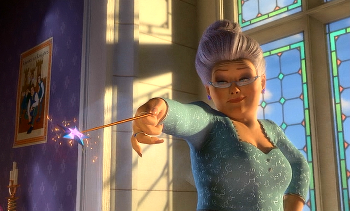 Animated older woman with gray hair, glasses, and elegant clothing pointing a magic wand with a spark in a sunny room with stained glass windows. Shrek 2, Fairy Godmother.