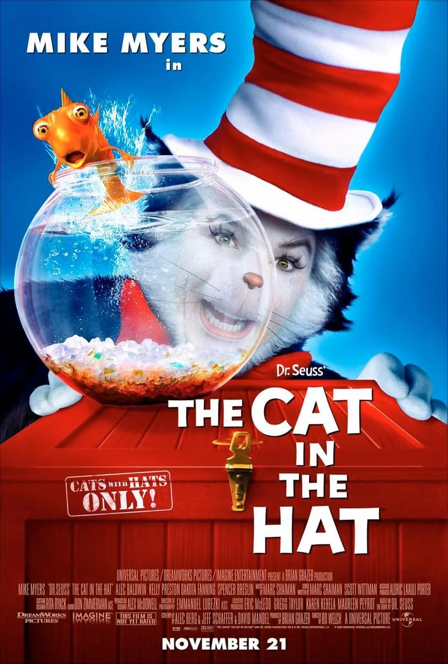 A promotional poster for the movie "The Cat in the Hat" featuring a person with a cat's face, wearing a red and white striped hat, holding a fishbowl with a fish inside. The title is in bold white and red letters, and the background is blue.