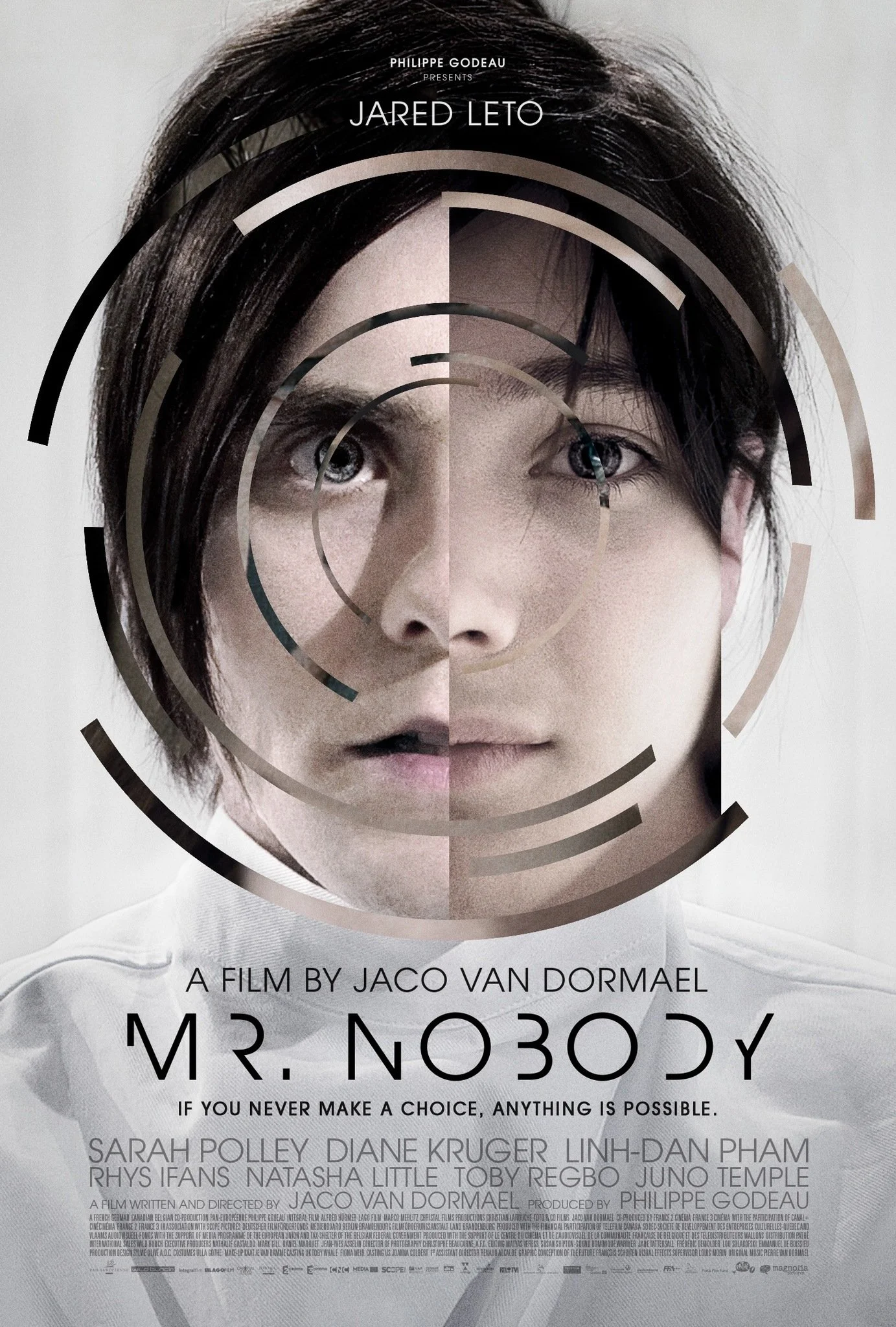 Poster for the film 'Mr. Nobody' featuring a split image of two faces, one older woman and one young man, with concentric circles overlay; includes film title, director's name, cast, and tagline.