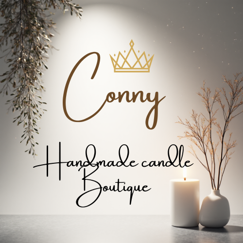 Elegant banner for Conny Handmade Candle Boutique featuring a lit candle, vases, bare trees, and decorative branches, with gold and black text.