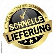 Schild mit goldenem Rand und schwarz-weißer Gestaltung, mit Text 'Schnelle Lieferung' und drei Sterne darunter.