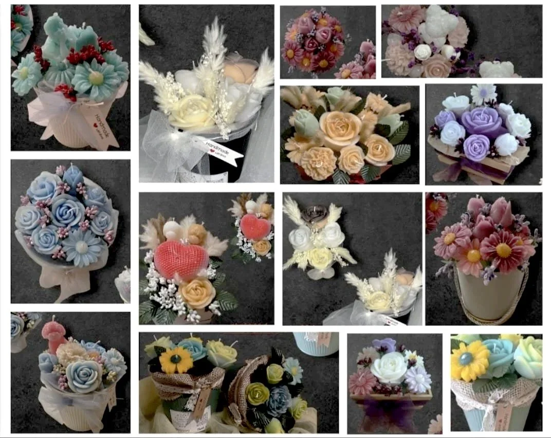 Collection of various artificial flower arrangements and decorative items on a dark surface, including bouquets with roses, daisies, and other flowers in different colors like blue, pink, white, purple, yellow, and peach, some with added decorative elements like hearts and ribbons.