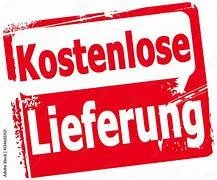 Stempel mit rotem Hintergrund und weißen Buchstaben, der 'Kostenlose Lieferung' sagt.