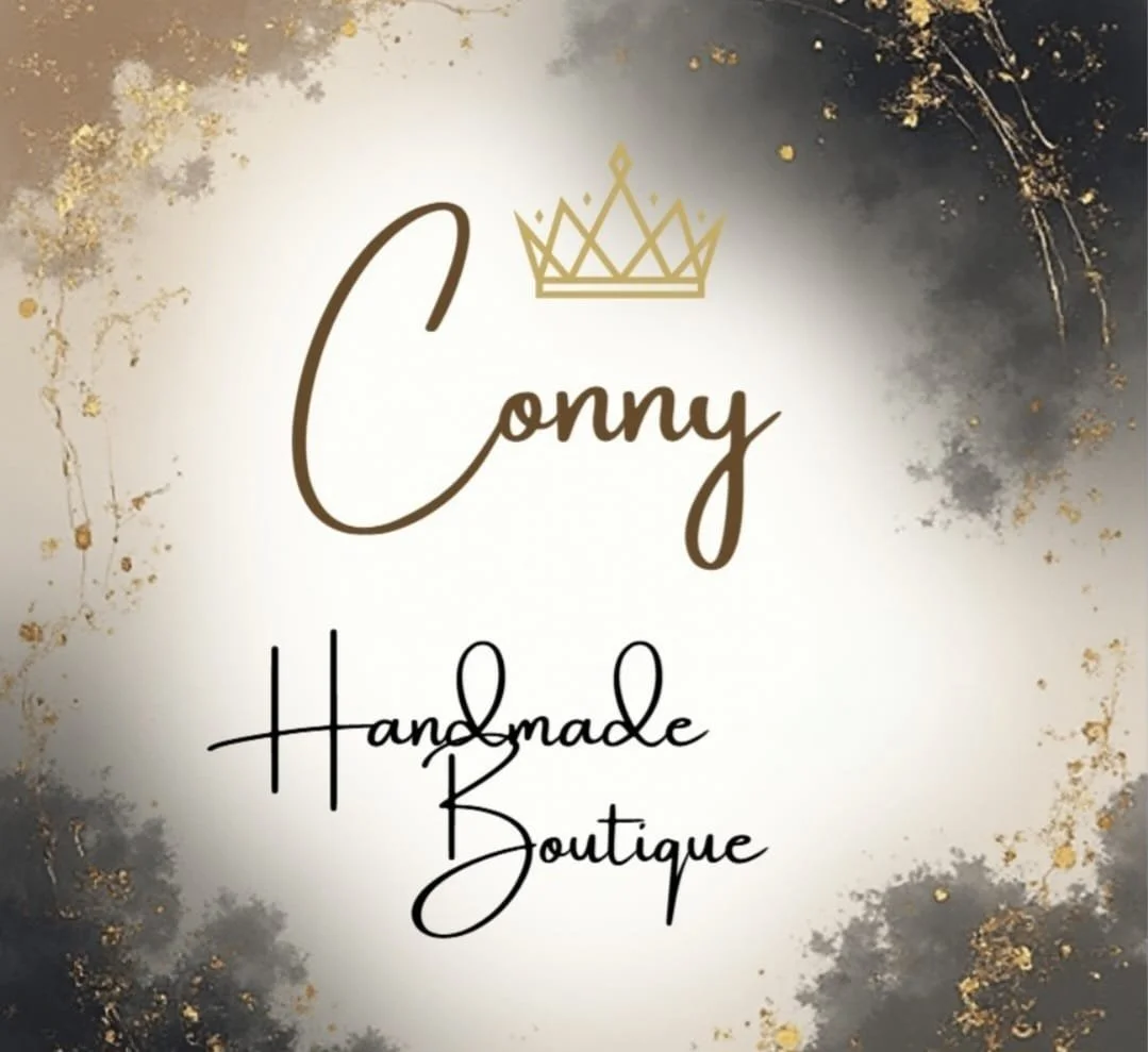 Logo eines handgefertigten B Boutique, mit goldenem Kronensymbol und schwarzer eleganter Schrift auf einem schwarzen, gold-gesprenkelten Hintergrund.