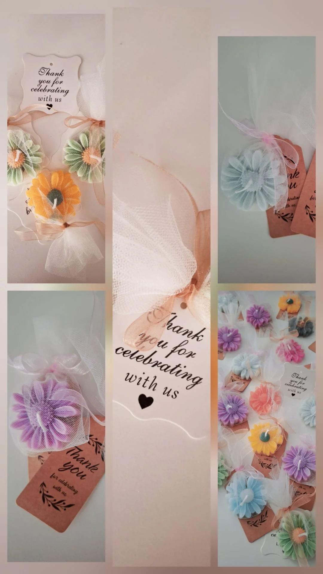 Kleine Tütchen mit Kerzenblumen in verschiedenen Farben, jeweils mit einem Schleifchen und einer Dankeskarte, alle mit der Aufschrift 'Thank you for celebrating with us'.