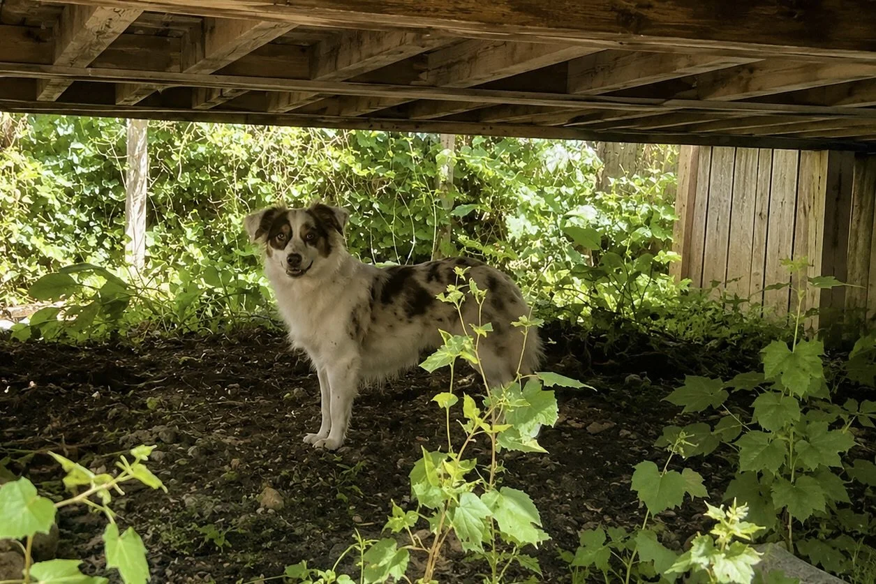 Nervous rescue dog standing beneath a backyard deck during her first weeks in a new home.