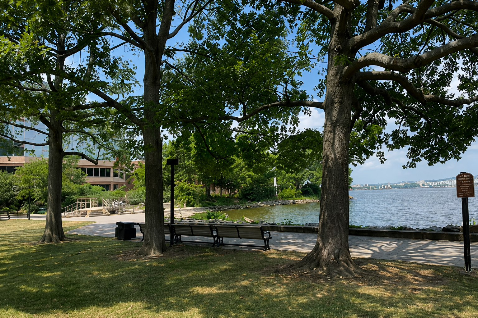 Shade trees, waterfront benches, and views of the Potomac River at Tide Lock Park in Old Town Alexandria, Virginia.