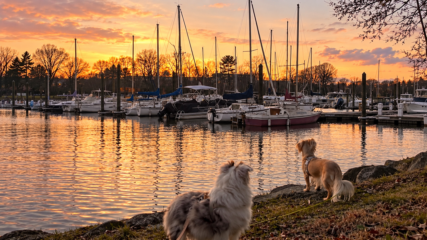 Two small dogs watching sailboats at sunset at Daingerfield Island in Alexandria, Virginia.