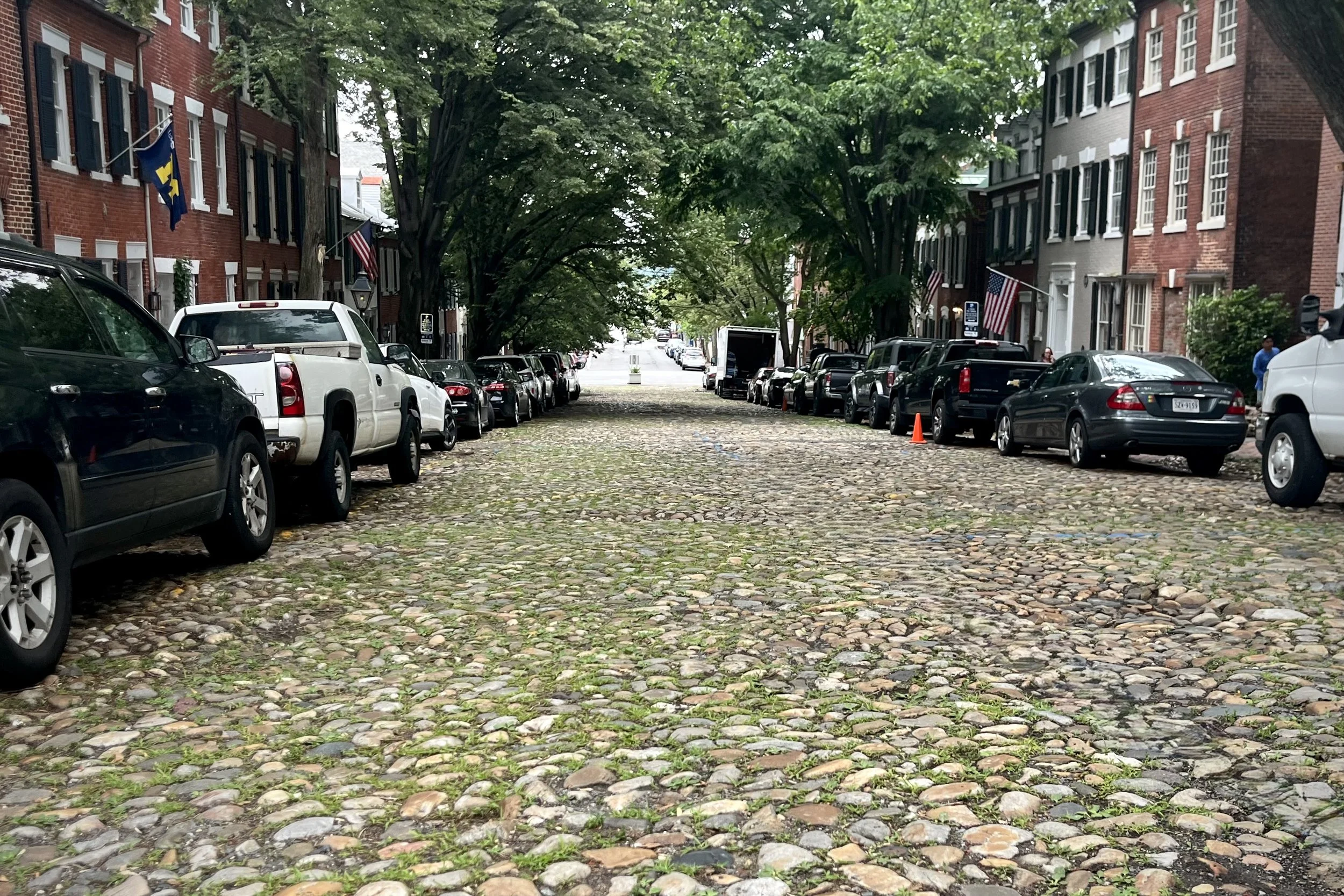 Historic cobblestone street lined with brick rowhouses, parked cars, and mature trees in Old Town Alexandria.