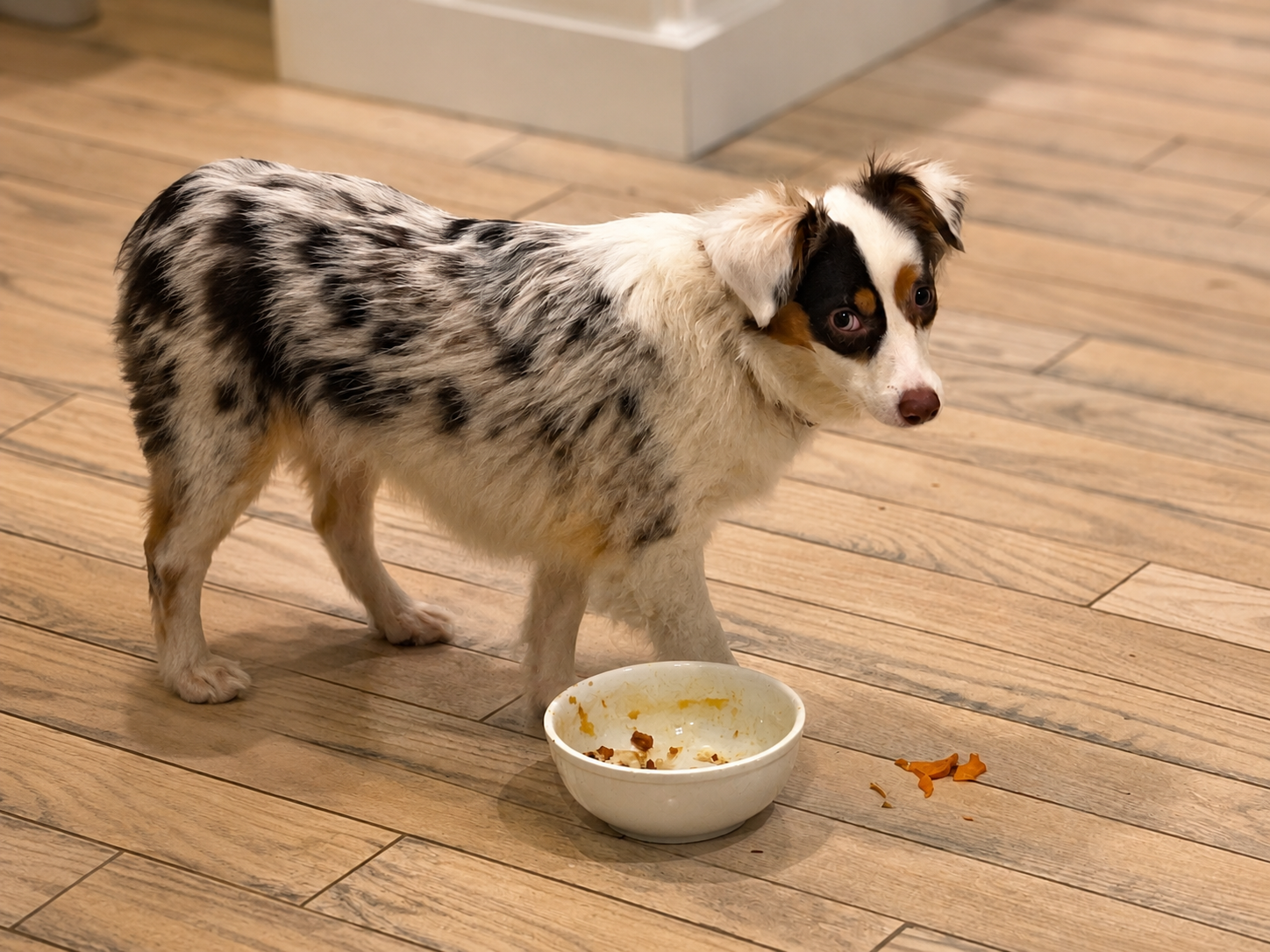 Small merle dog standing beside a partially eaten food bowl on a light wood floor indoors after walking away from the meal.