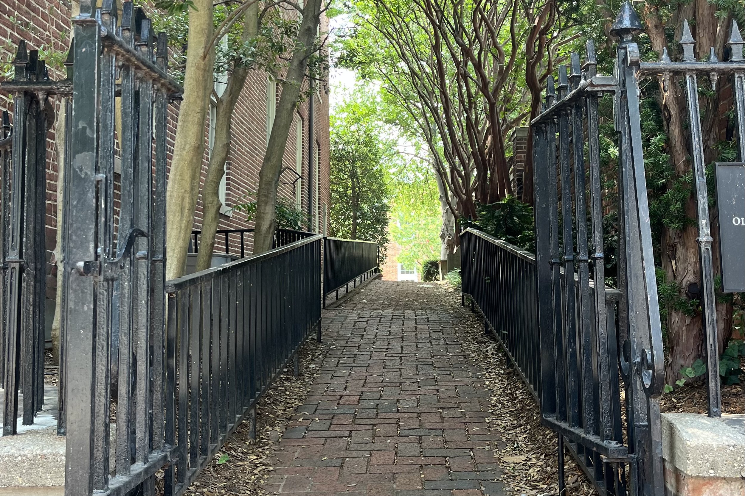 Iron entrance gate leading to a shaded brick pathway beneath mature trees in Old Town Alexandria.