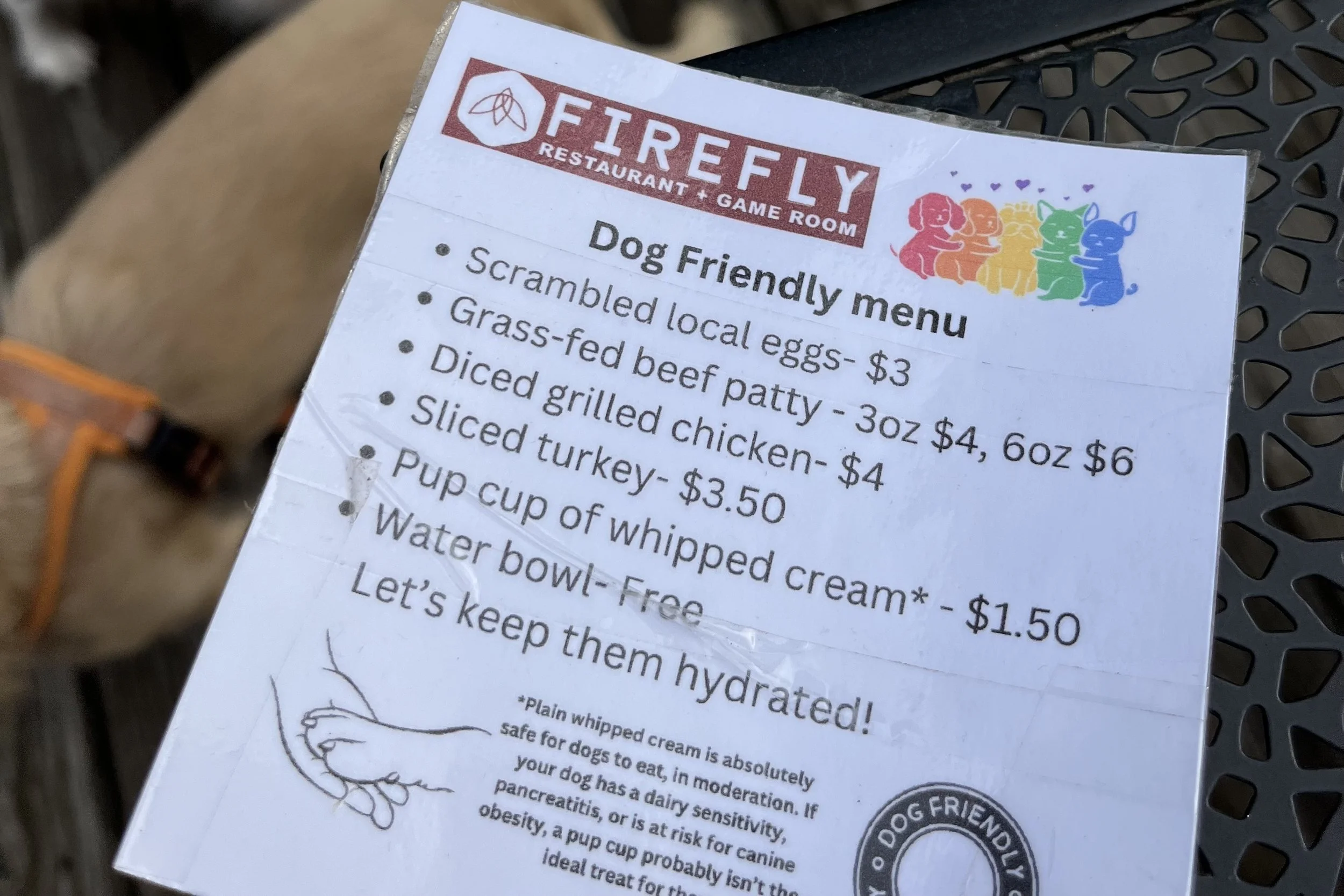 Dog-friendly menu at Firefly Restaurant in Charlottesville, Virginia listing scrambled eggs, diced grilled chicken, grass-fed beef, and pup cups.