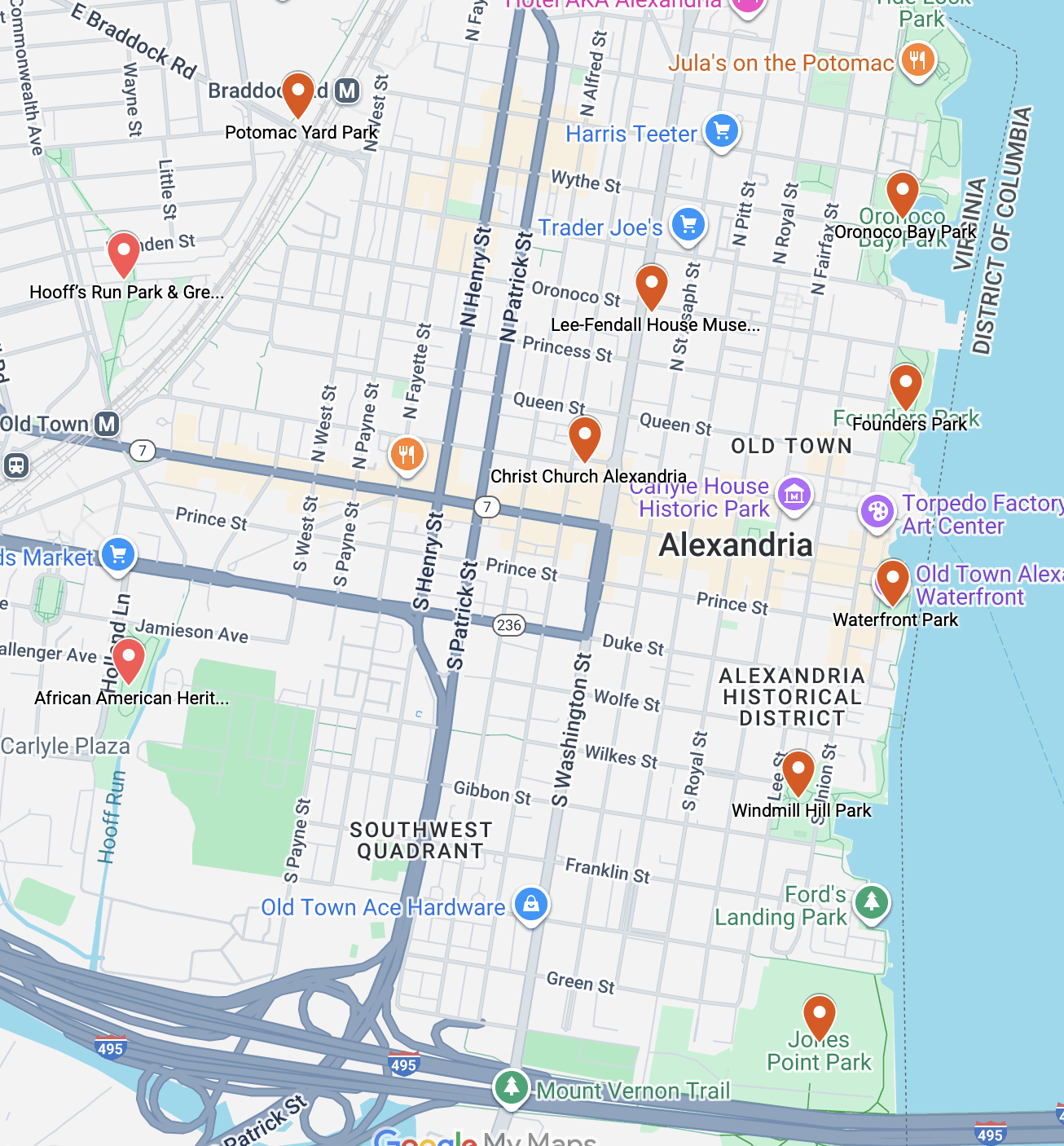 Map showing favorite dog-friendly parks and green spaces in Old Town Alexandria, Virginia, used for slower-paced walks.