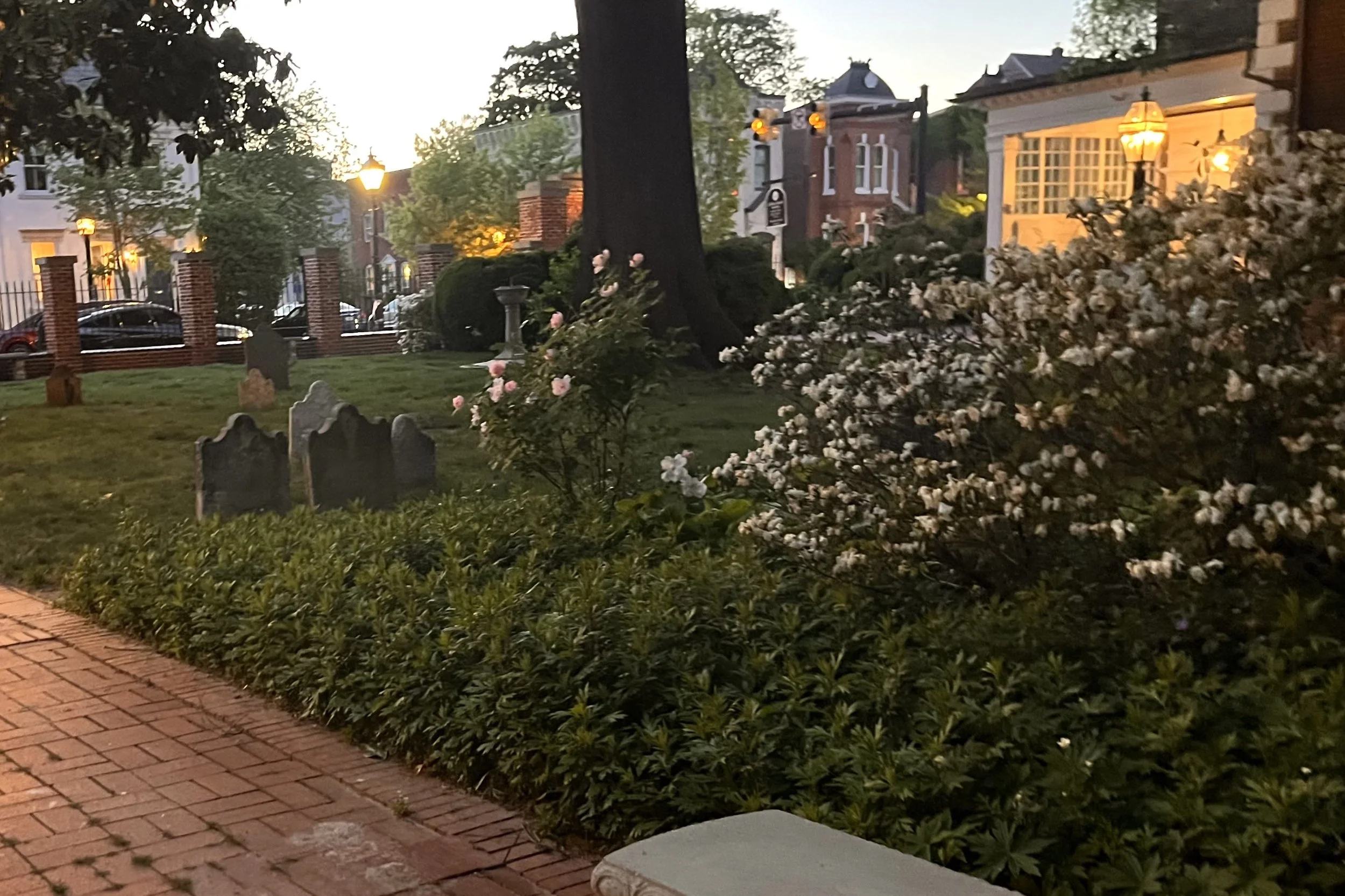 Evening view of the Christ Church grounds in Old Town Alexandria with brick paths, flowering bushes, and warm summer lights.