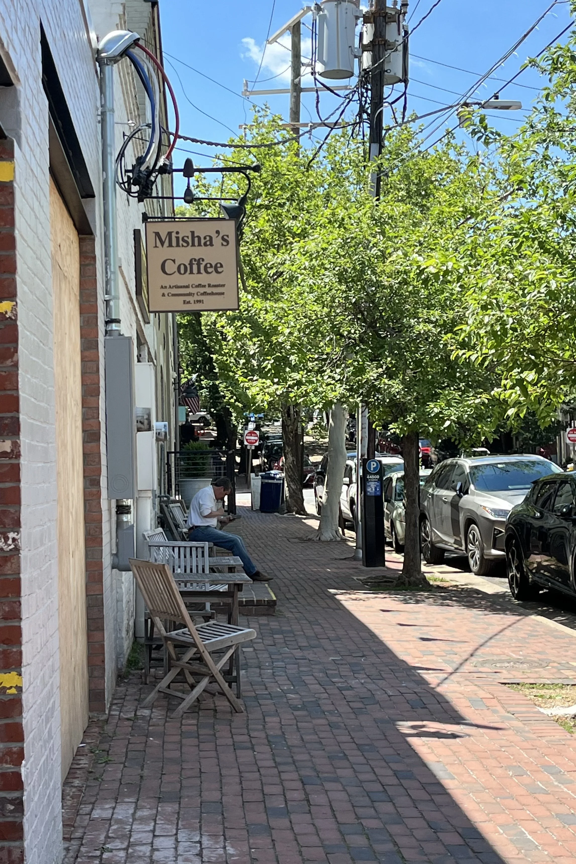Misha's Coffee on Prince Street in Old Town Alexandria on a sunny summer morning.