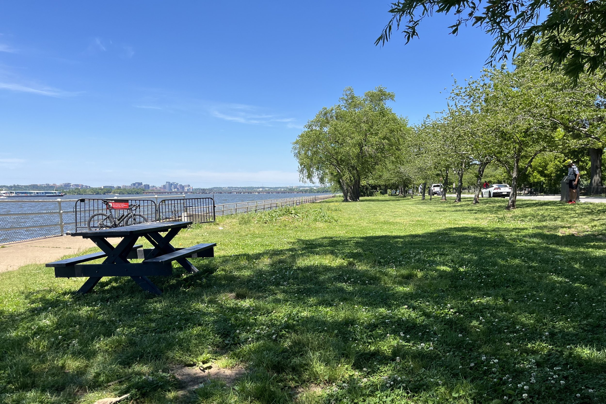 Shaded grassy waterfront area at Hains Point in Washington, DC, with picnic tables, trees, river views, and open walking space along the water.