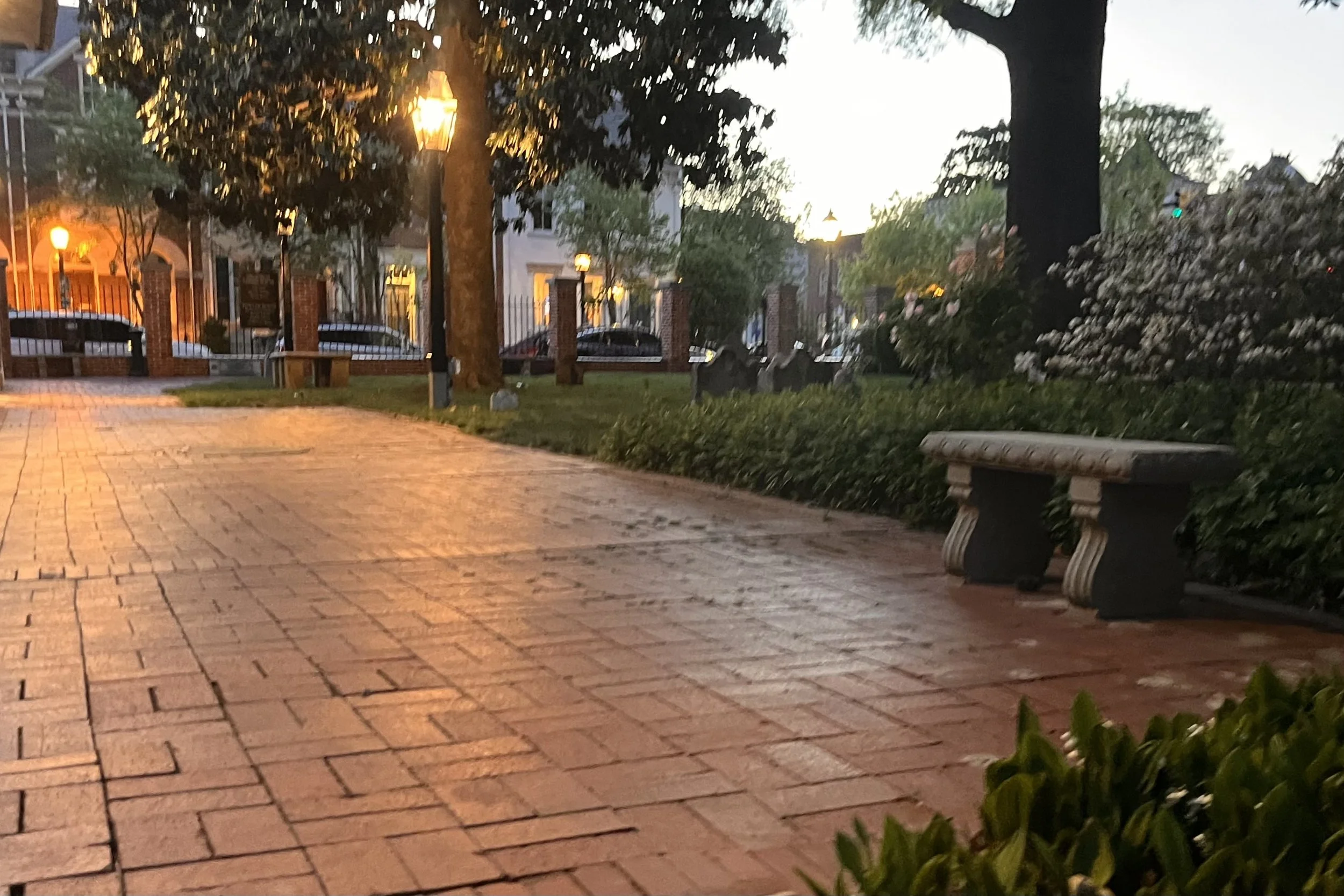 Bench beneath mature trees along a brick walkway near Christ Church in Old Town Alexandria at dusk.