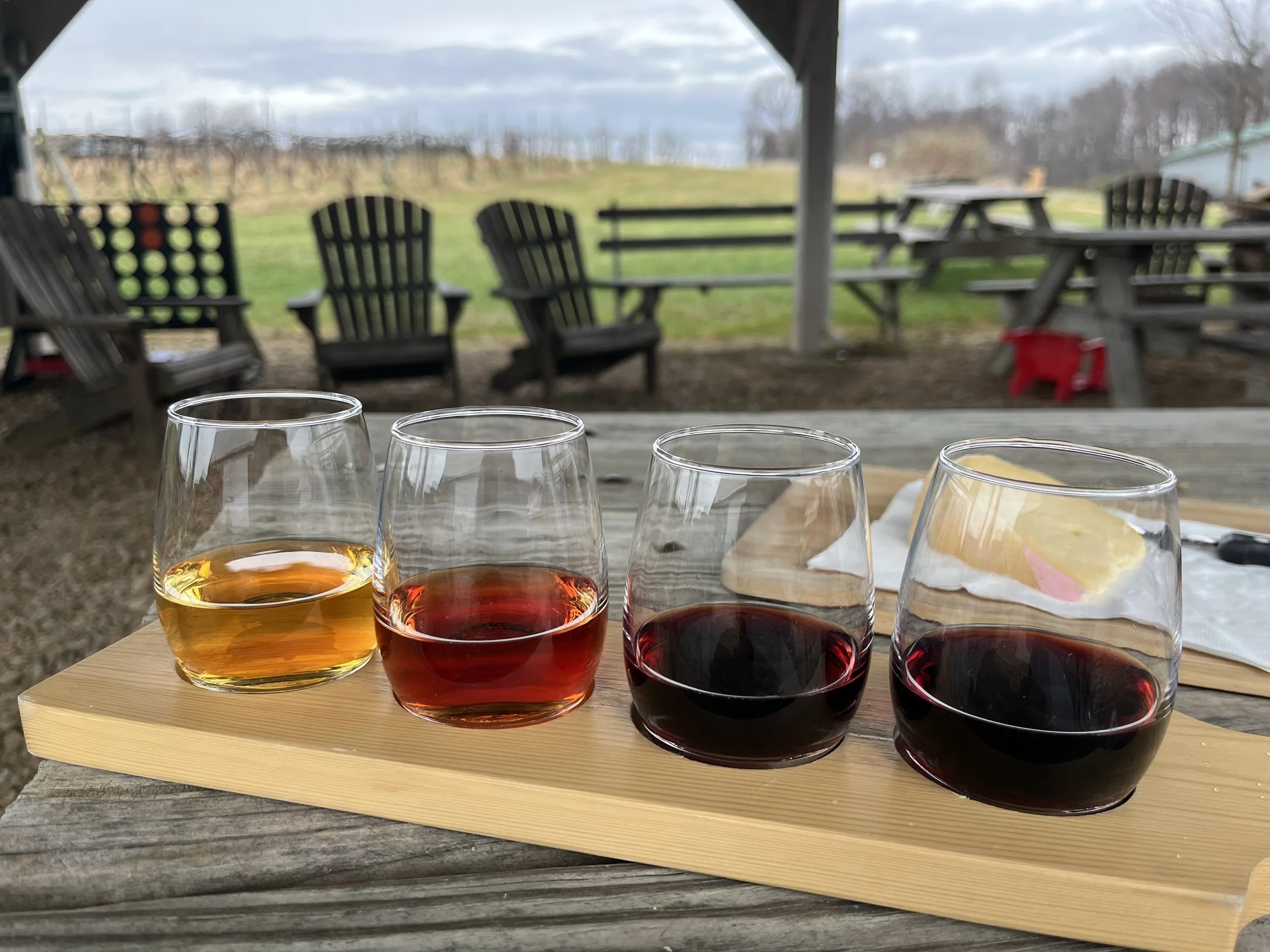 Flight of local wines with local cheeses at Rockbridge Vineyard in Lexington, Virginia, outdoors with rolling vineyard hills in the background.