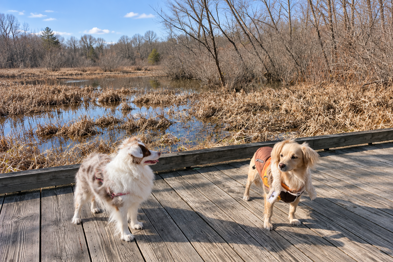Archie and Saydie walking on a wooden boardwalk through Augusta Springs Wetlands in Virginia.