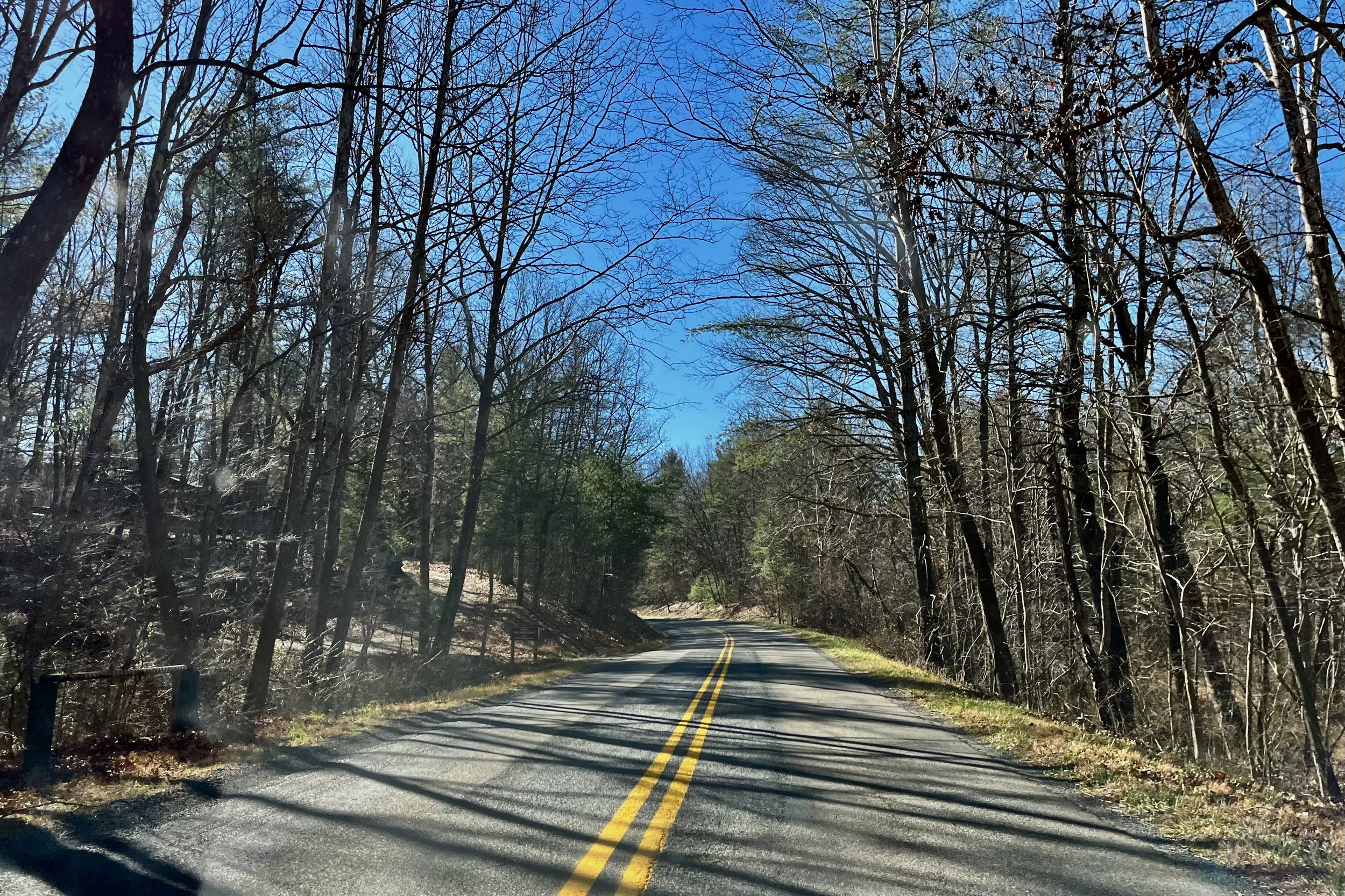 Curving two-lane country road through wooded Virginia landscape on the drive toward Fredericksburg.