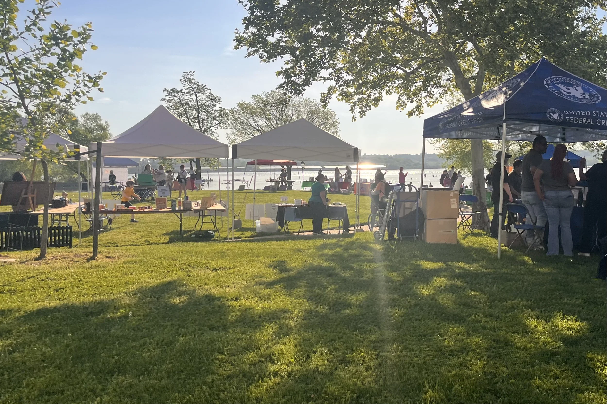 Dog-friendly festival beside the waterfront with vendor tents, visitors, and event activities taking place on a grassy lawn.