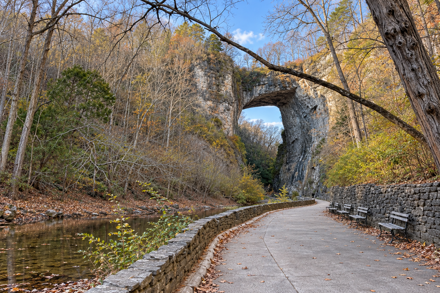Natural Bridge rising above a paved trail beside Cedar Creek in Virginia.