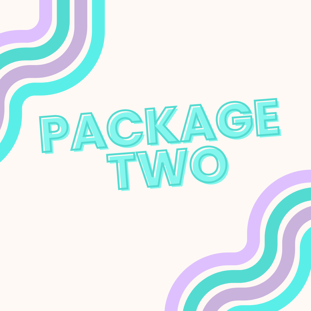 Graphic with wavy lines in purple, teal, and white, and the text 'PACKAGE TWO' in teal outlined letters.