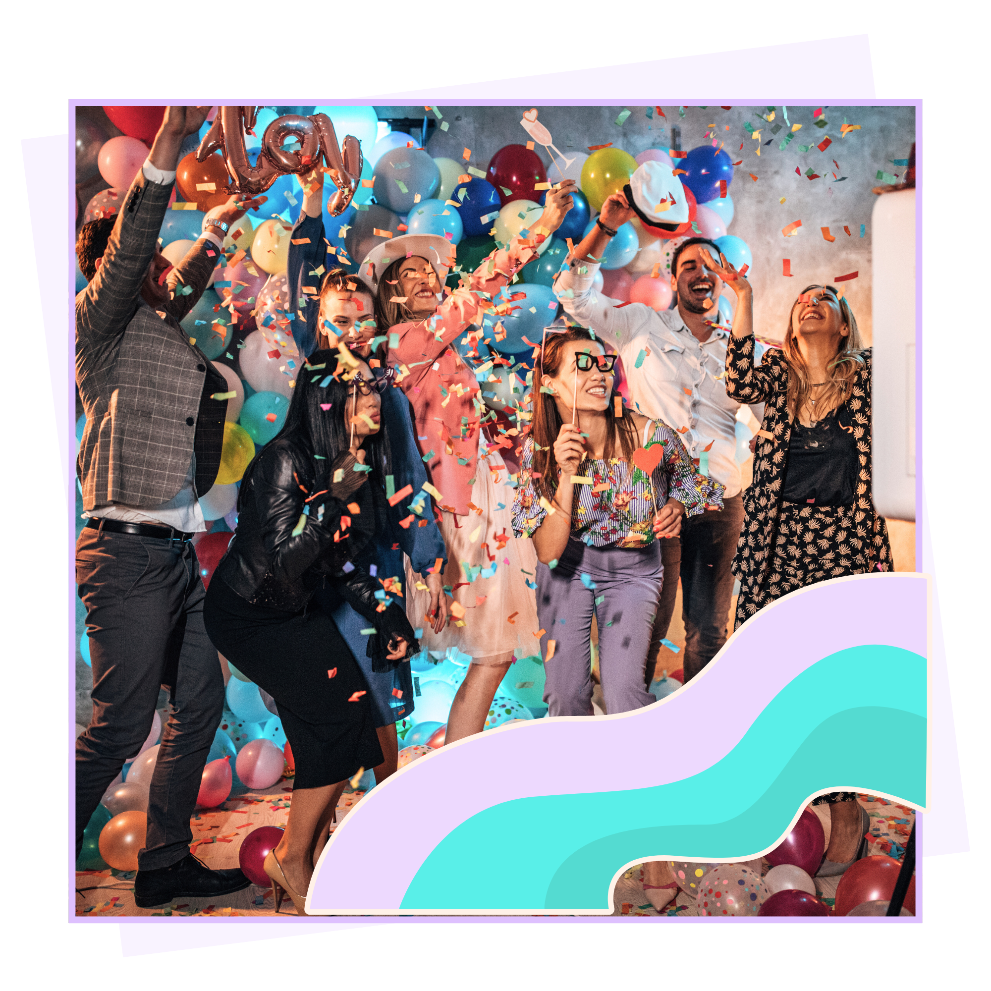 Group of people celebrating with balloons and confetti, smiling and enjoying a party