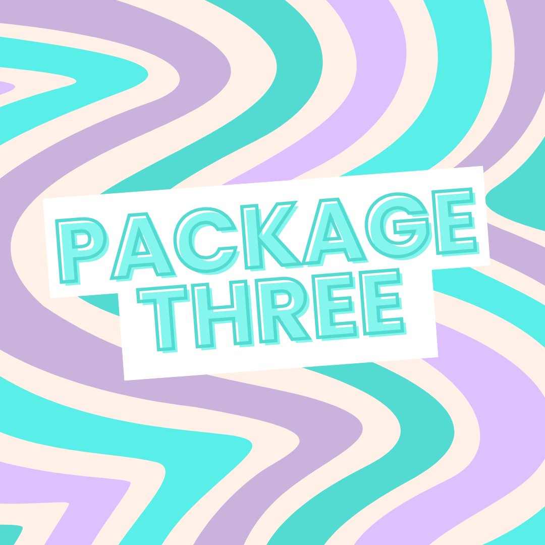 Colorful patterned background with wavy lines in pastel shades of purple, aqua, and white, featuring the text 'PACKAGE THREE' in bold blue outlined letters.