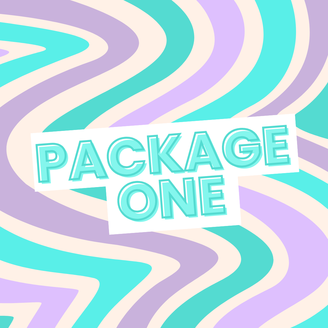 Colorful background with wavy stripes in lavender, white, teal, and purple. Text overlay reads 'PACKAGE ONE' in large, outlined turquoise letters.