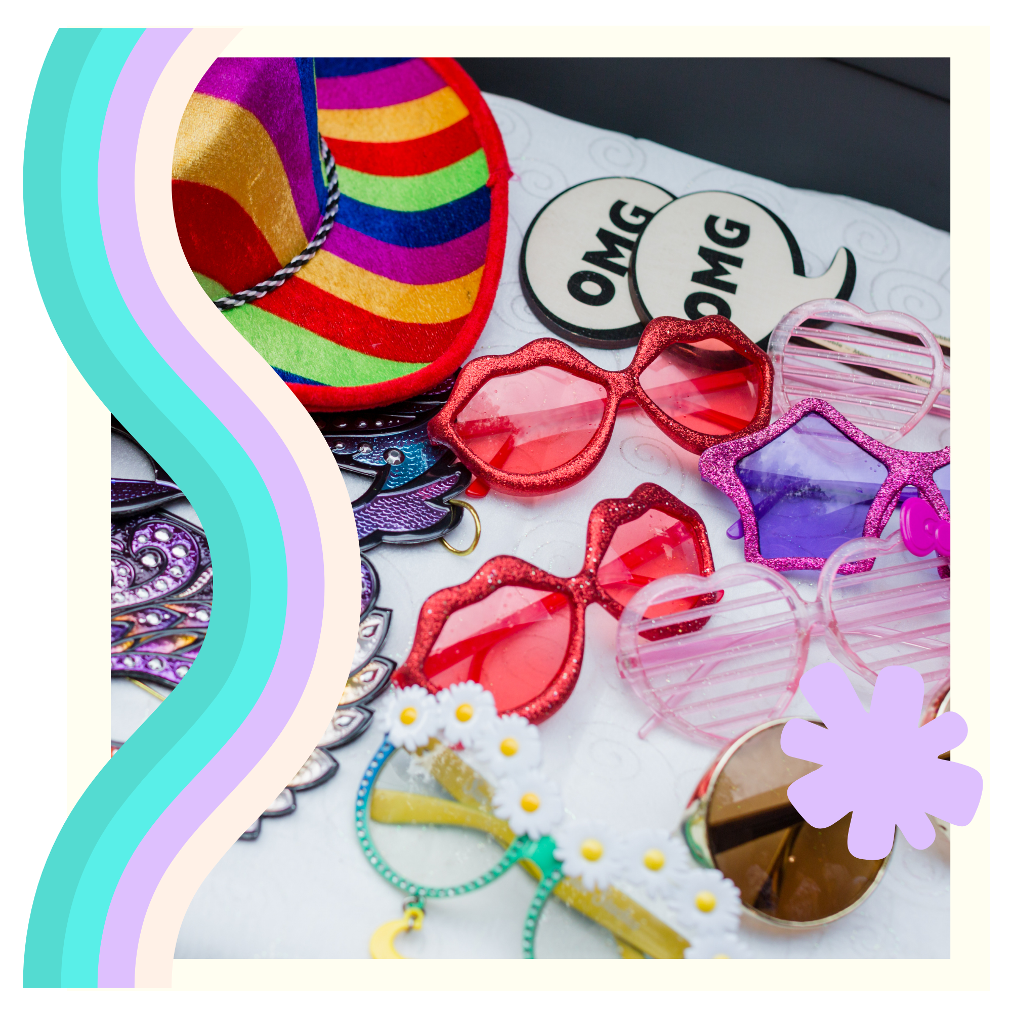 Colorful keychains, sunglasses, and accessories on a display table as part of a boutique or craft fair.
