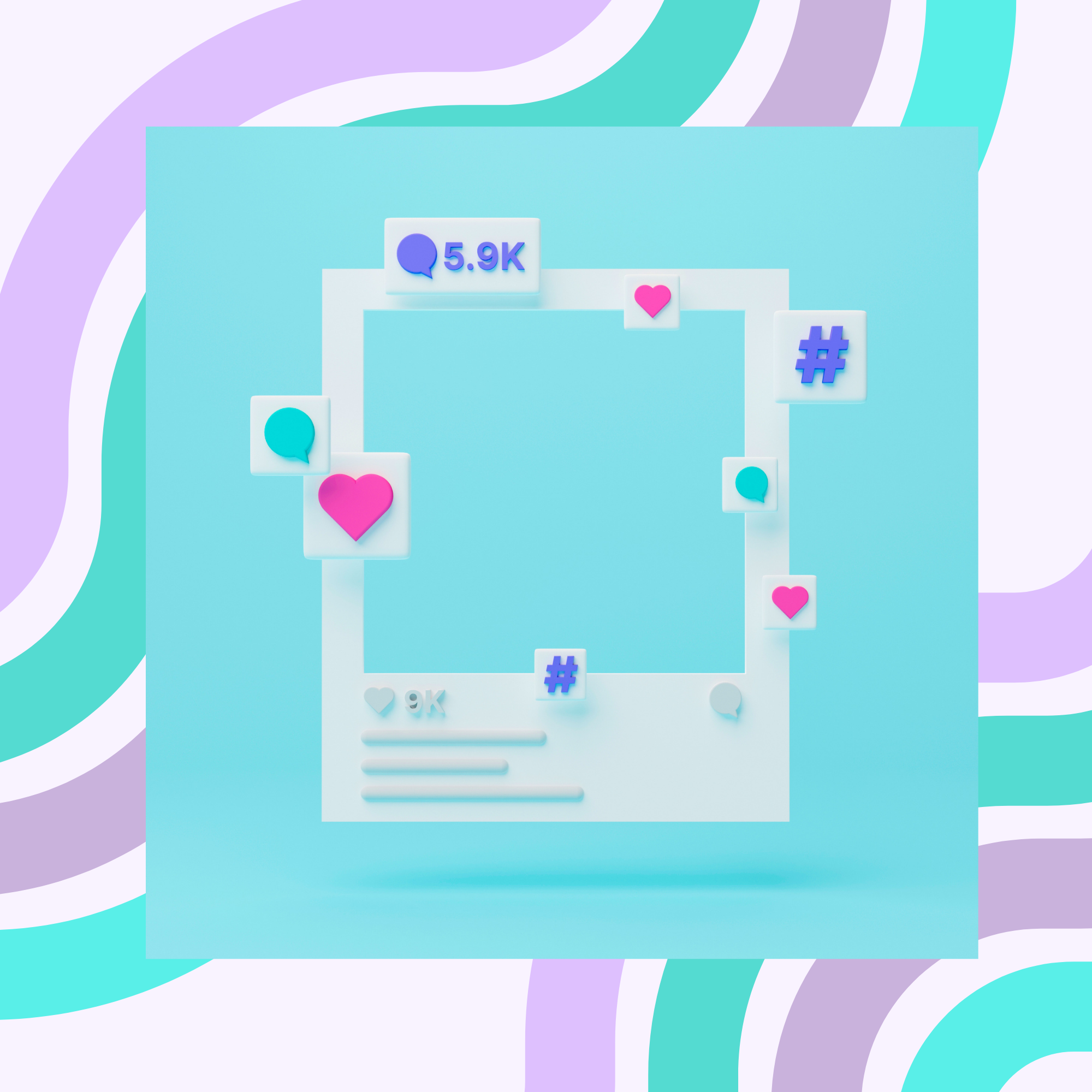 Digital illustration of a social media post with likes, comments, hashtags, and heart icons on a pastel purple, green, and blue abstract background.