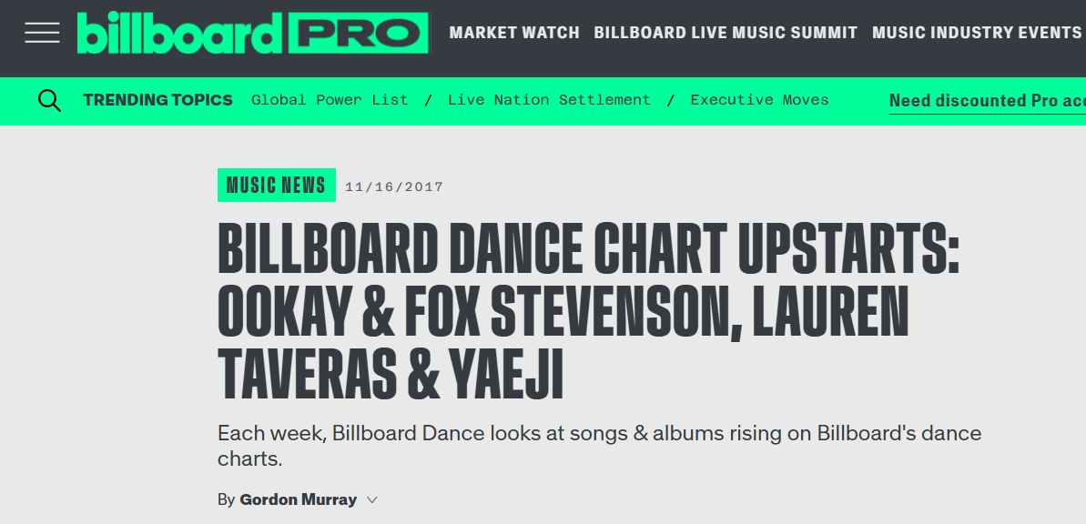 Screenshot of the Billboard Pro website showing music news about the Billboard dance chart, dated November 16, 2017. Lauren Taveras