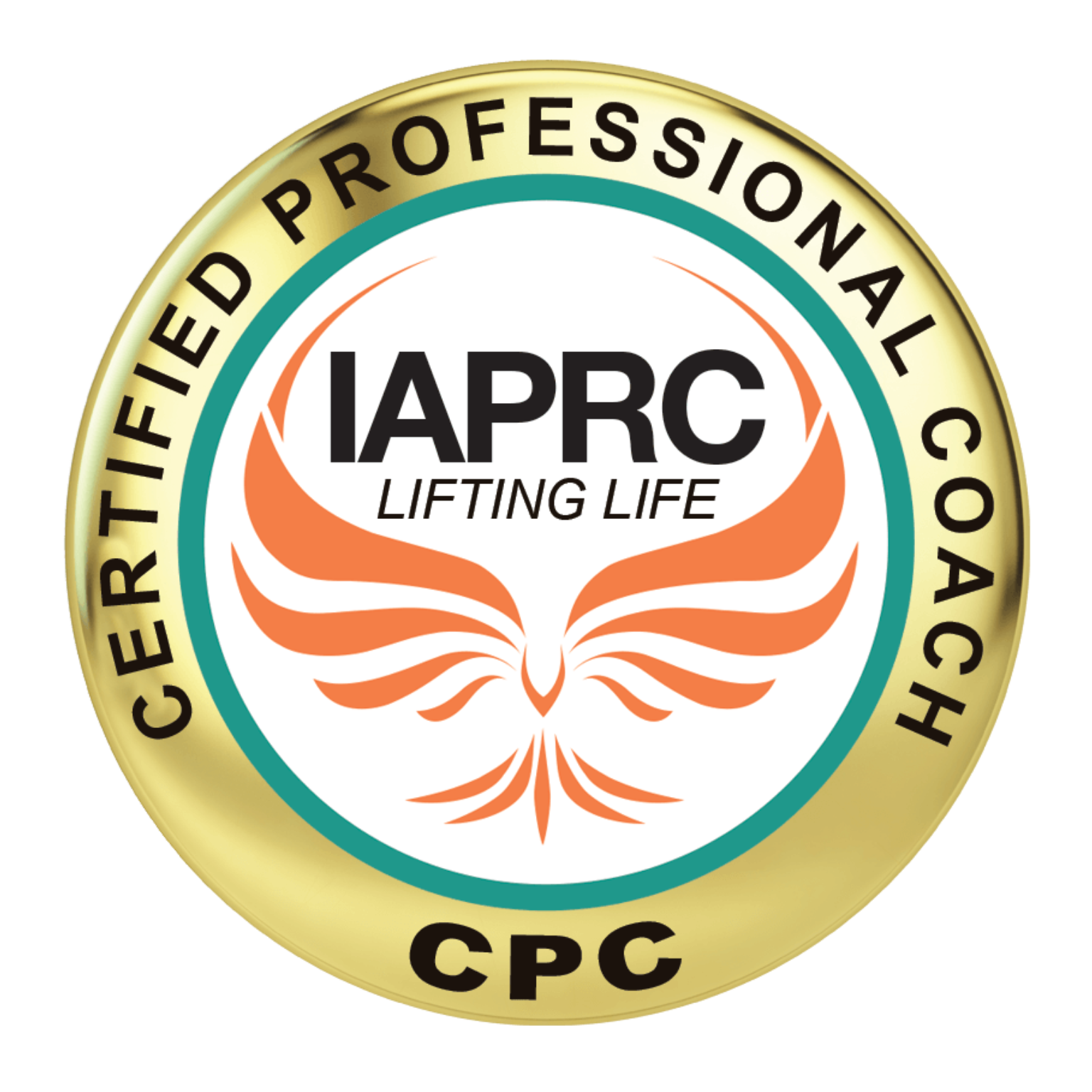Gold circular certification badge with black text that reads 'Certified Professional Coach' around the edge. Inside is a stylized orange phoenix with outstretched wings and the text 'IAPRC Lifting Life' in the center.