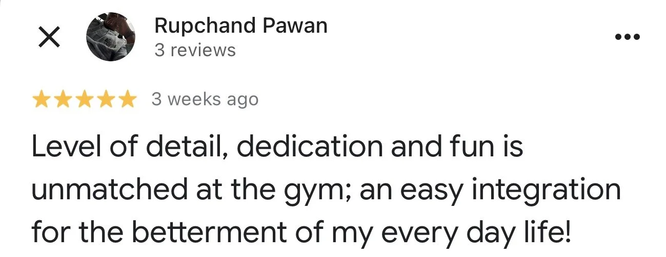 Screenshot of a five-star review for a gym, praising its attention to detail, dedication, and fun.