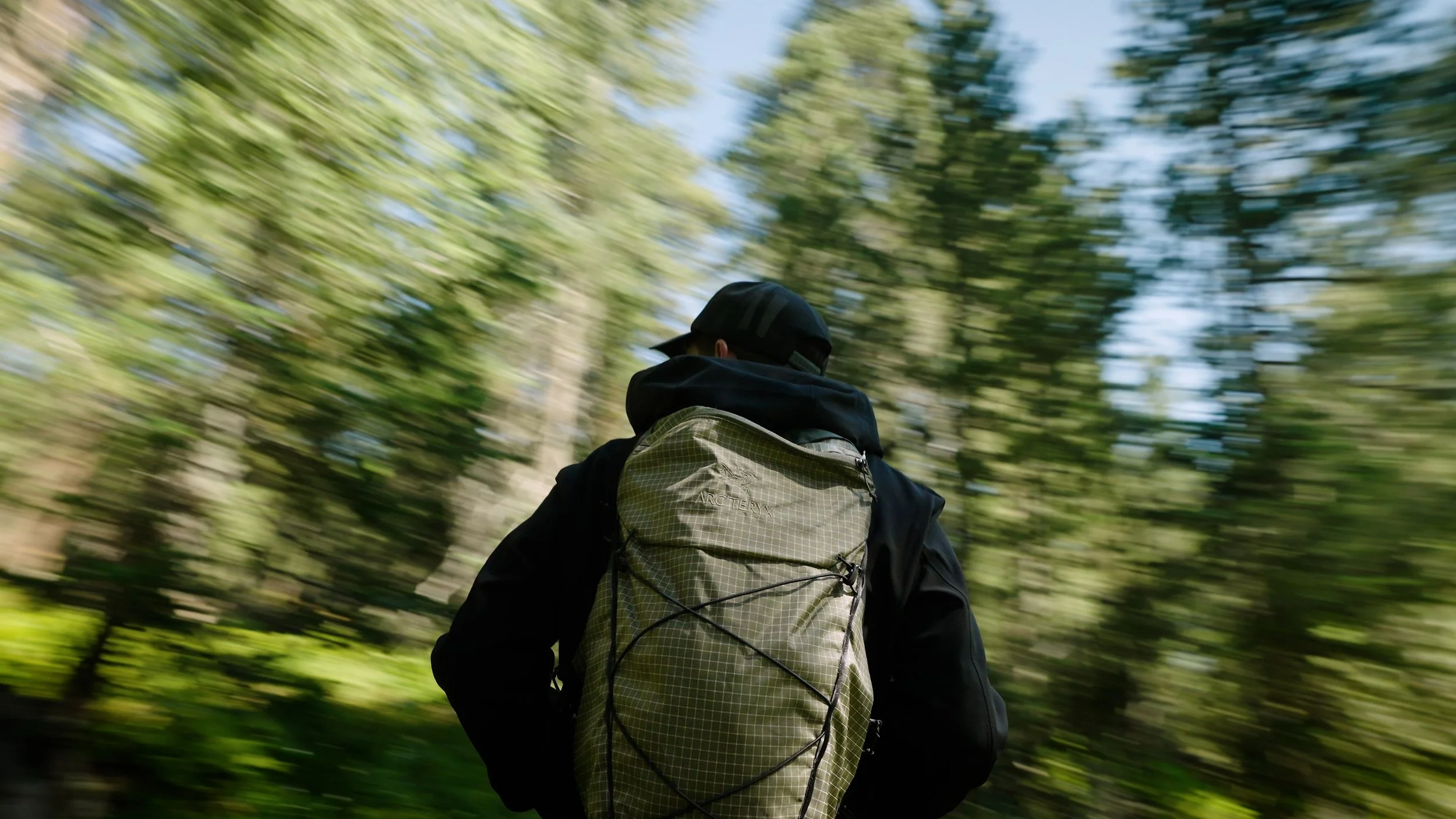 A person hiking in a forest with blurred greenery and trees in the background.