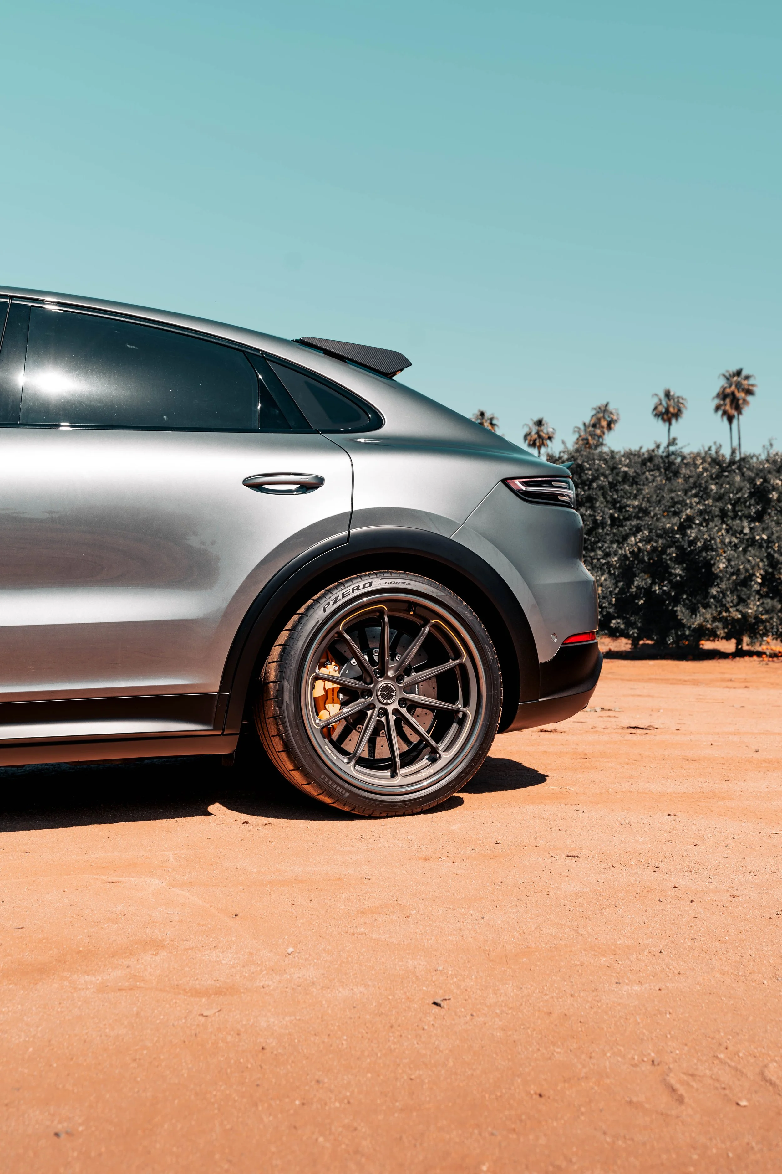 Close-up of the rear side of a silver luxury SUV parked on a dirt surface with palm trees in the background and a clear blue sky.