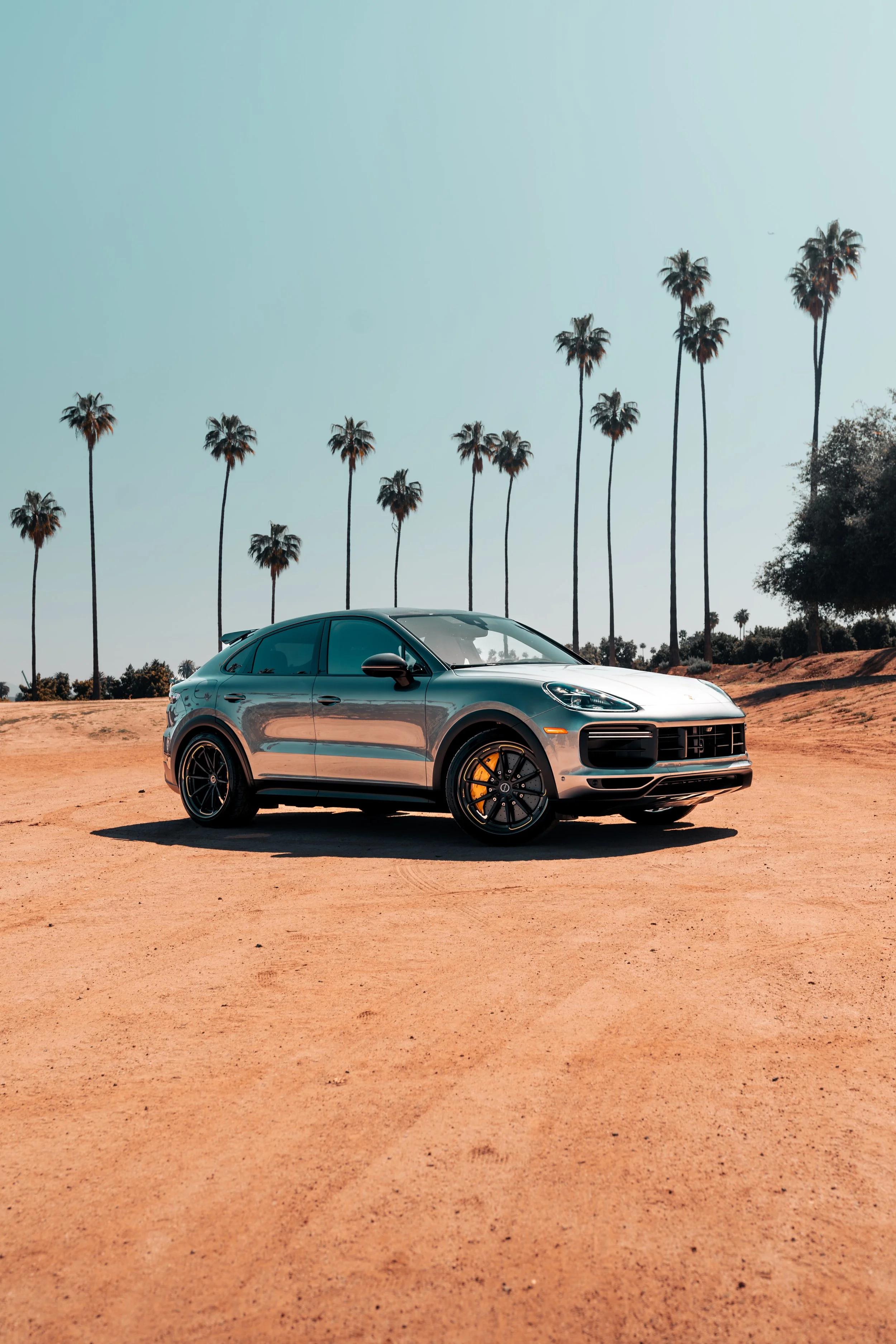 A silver Porsche Macan SUV parked on a sandy lot with tall palm trees in the background under a clear sky.
