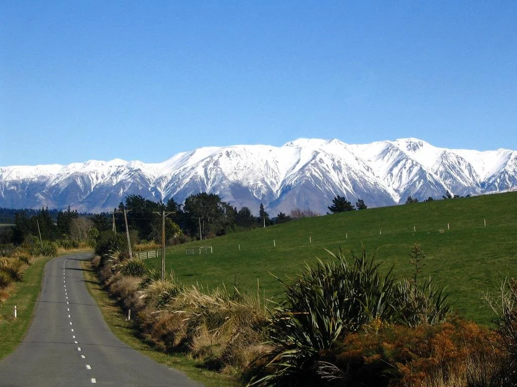 A winding country road with green fields and trees, snow-capped mountains in the background under a clear blue sky.