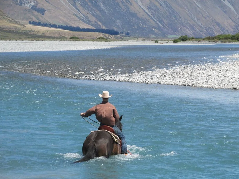 A person riding a horse through a river with mountains in the background.