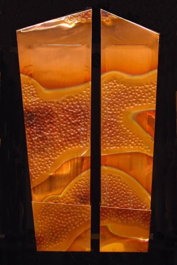 "Mated" contemporary hammered copper with patina fountain. 36"w x 5'h